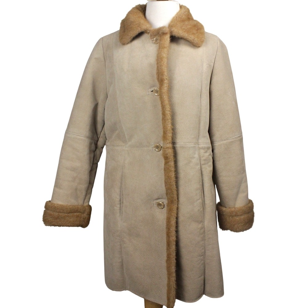 Genuine Leather Coat Womens L Tan Boho Faux Fur Lined Western Ranch Jacket